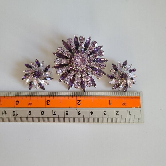 Sherman Swarovski amethyst purple circle brooch pin clip on earrings set Navette - Picture 8 of 16